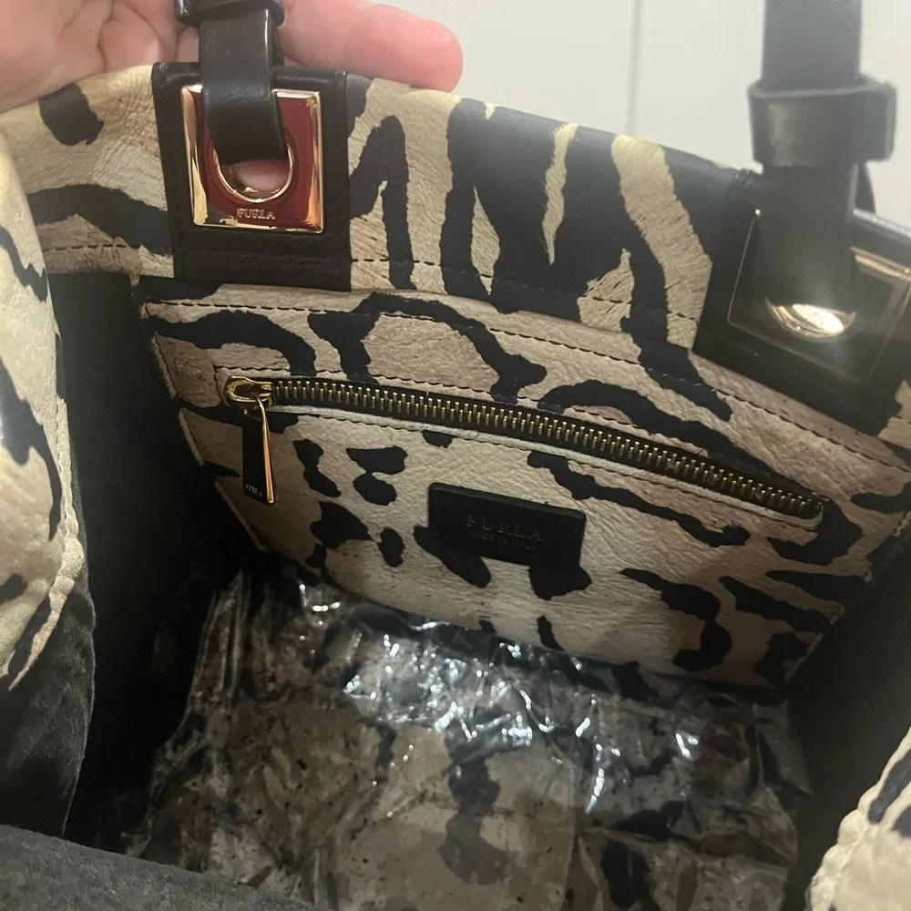 Furla Leopard Print Tote Bag - Black and Tan. Peeling inside***READ